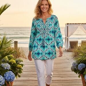 Annie Griffin Navy Green White Silk Long Sleeve Pop Over Top Medium